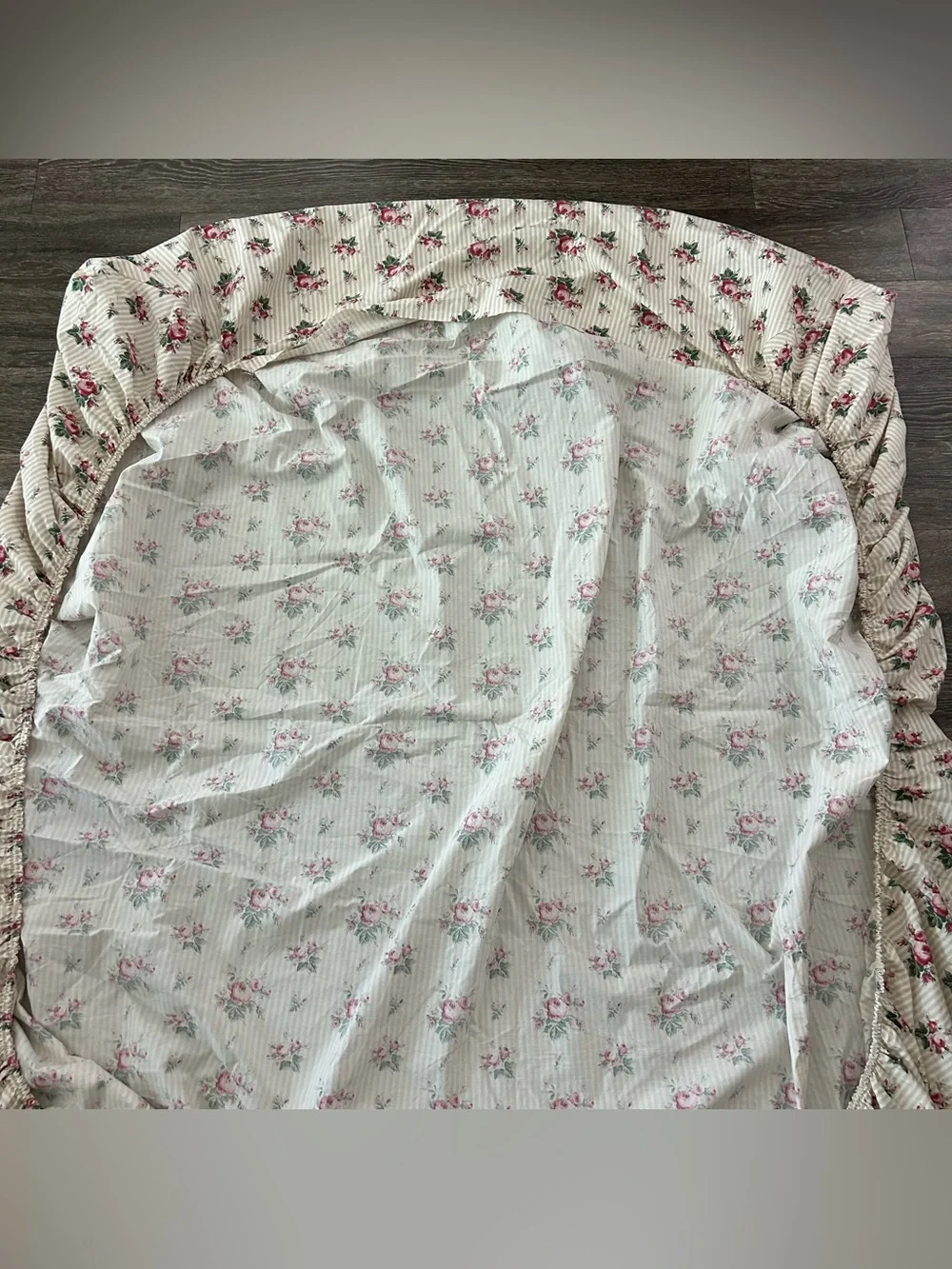 Vintage RALPH LAUREN Marseilles Stripe Queen Fitted Sheet Beige Tan Floral Rose